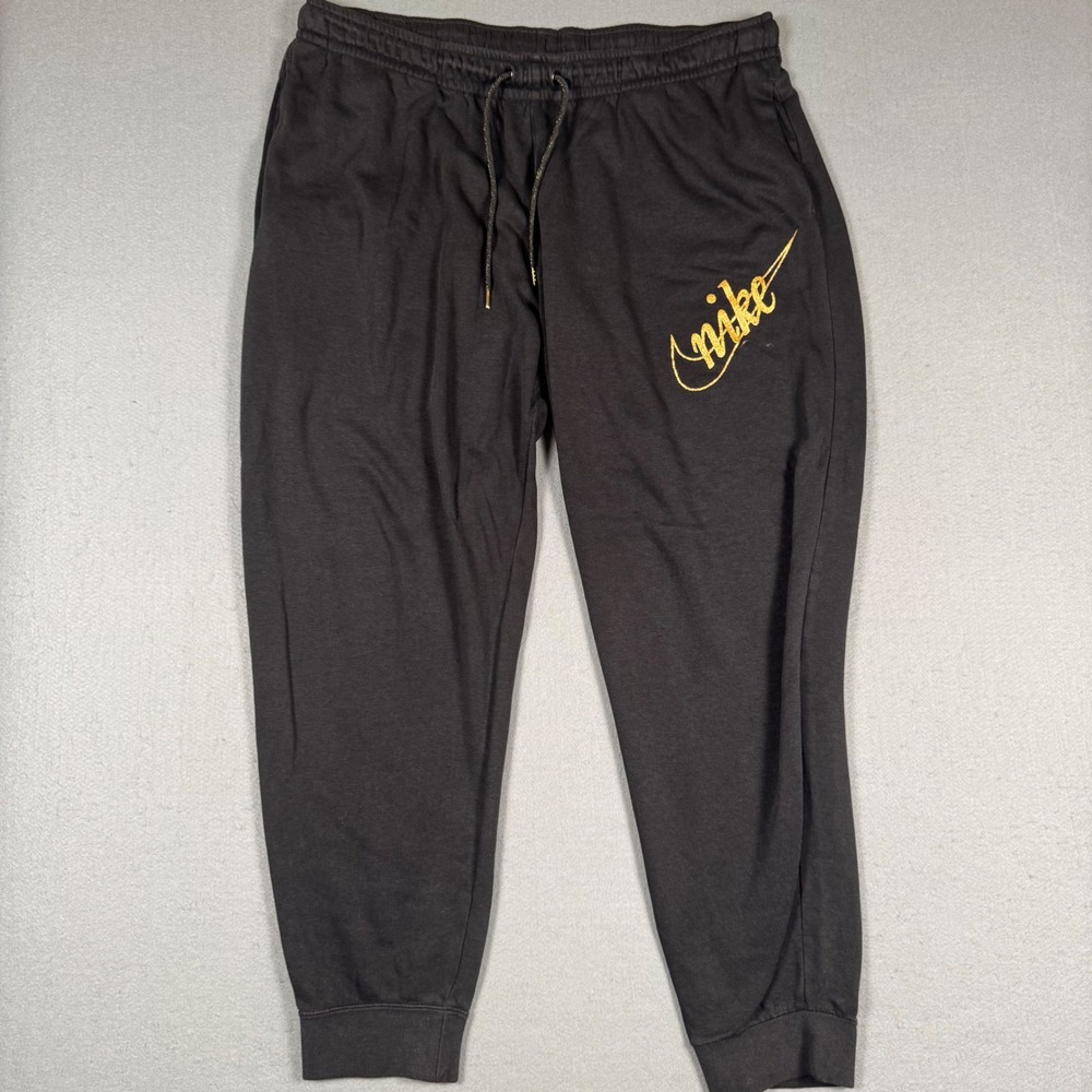 Nike Joggers Womens XL Black Gold Script Logo Sweatpants Athleisure Activewear